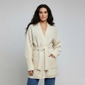 Rag & Bone Cream 100% Merino Wool Chunky Knit Belted Cardigan Sweater Size  6